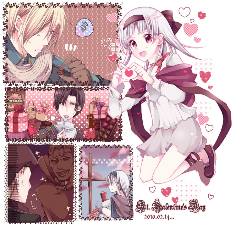 ari_(pixiv), beret, black_hair, blonde_hair, cape, chocolate, cloak, fork