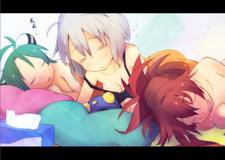 10s, 3girls, :<, alarm_clock, anshinmama, breasts, cleavage, clock