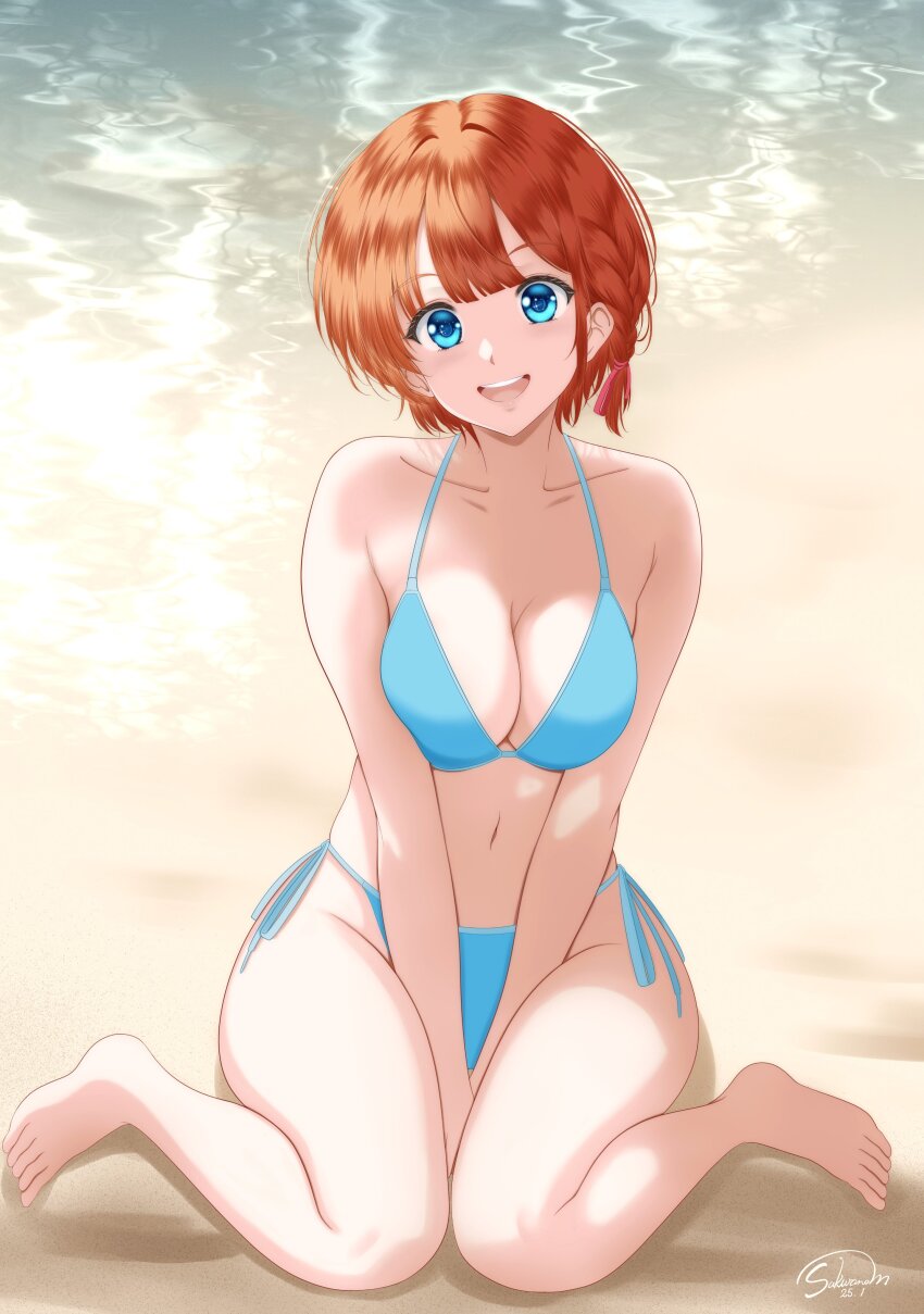 1girl, absurdres, barefoot, beach, between_legs, bikini, blue_bikini, blue_eyes