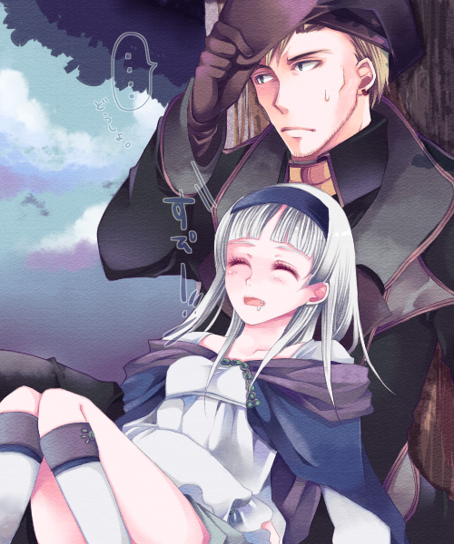 1boy, 1girl, ari_(pixiv), beret, blonde_hair, cape, closed_eyes, coat