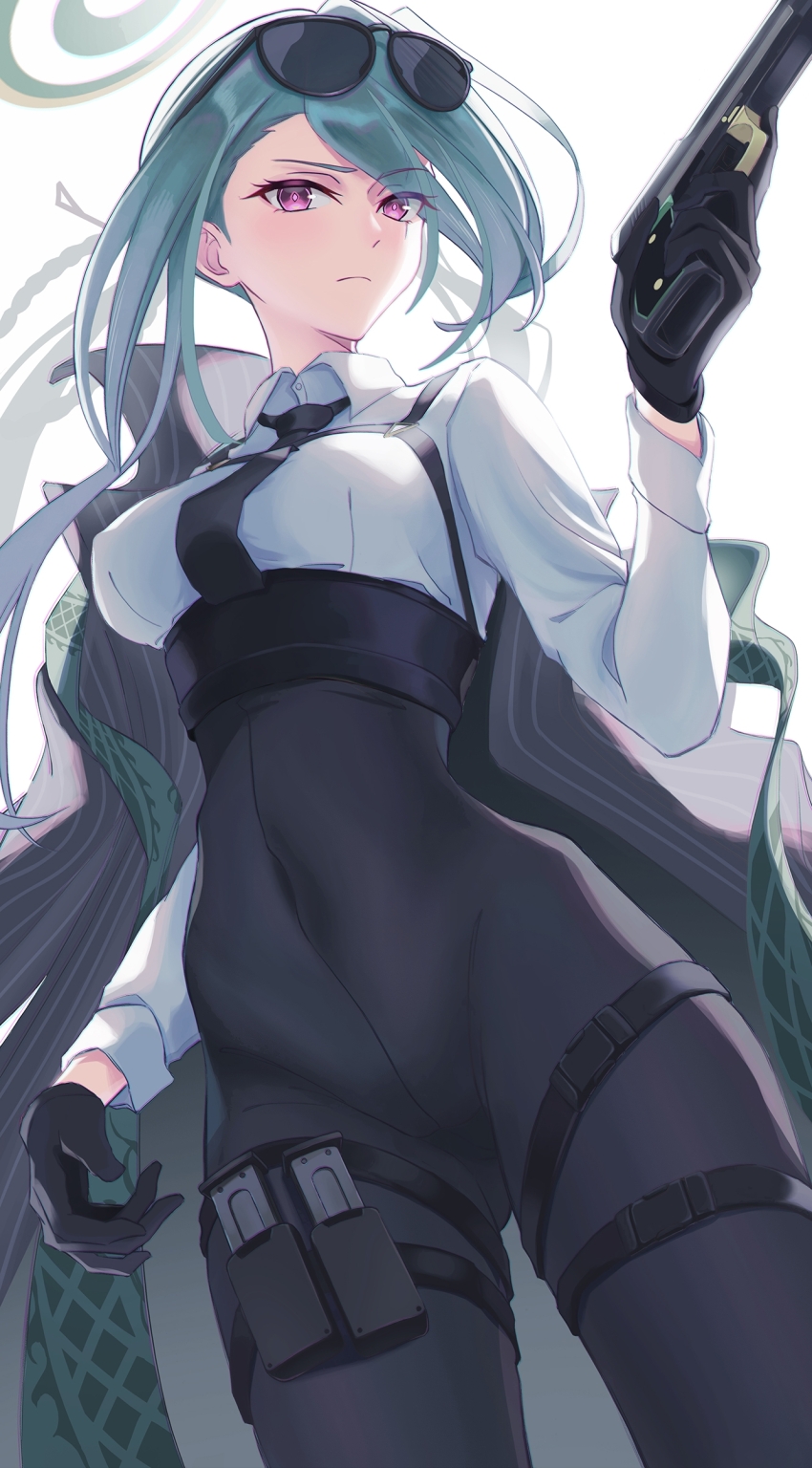 1girl, absurdres, black_jacket, black_pants, blue_archive, cowboy_shot, eironeus, green_hair