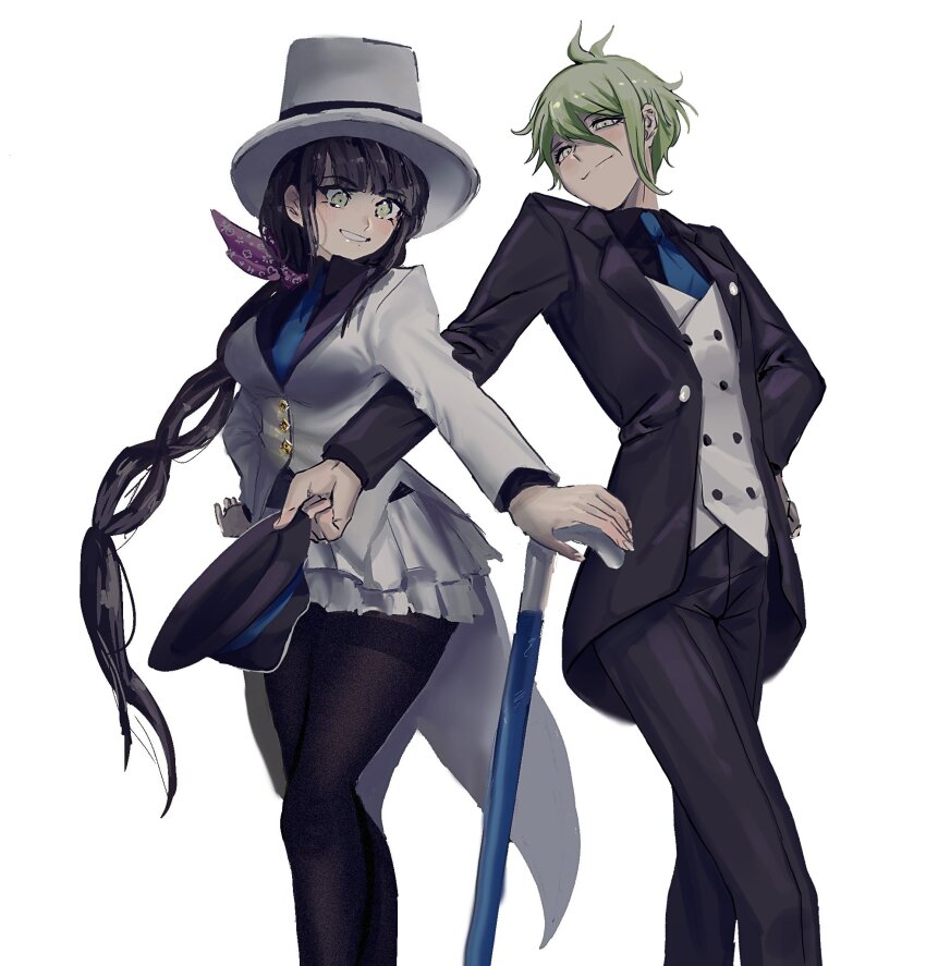 0zei_zei, 1boy, 1girl, alternate_costume, alternate_hairstyle, amami_rantaro, antenna_hair, artist_collaboration, black_hair, black_hat, black_pantyhose, blush, buttons, cane, chabashira_tenko, collared_shirt, commentary, danganronpa_(series), danganronpa_v3:_killing_harmony, english_commentary, eyelashes, green_eyes, green_hair, hair_between_eyes, hair_ribbon, hand_on_own_hip, hat, highres, holding, holding_cane, holding_unworn_clothes, holding_unworn_hat, jacket, khabee, layered_skirt, long_hair, long_sleeves, looking_at_viewer, low_ponytail, mole, mole_under_mouth, pants, pantyhose, ponytail, ribbon, shirt, short_hair, simple_background, skirt, smile, standing, top_hat, tuxedo, unworn_hat, unworn_headwear, very_long_hair, white_hat