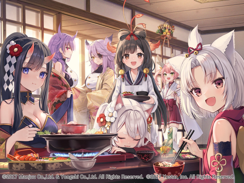 6+girls, :d, alternate_costume, animal_ear_fluff, animal_ears, azur_lane, bangs_pinned_back, bare_shoulders