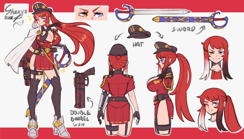 absurdres, asymmetrical_gloves, blue_eyes, breasts, reference_sheet, cleavage, cleavage_cutout, clothing_cutout