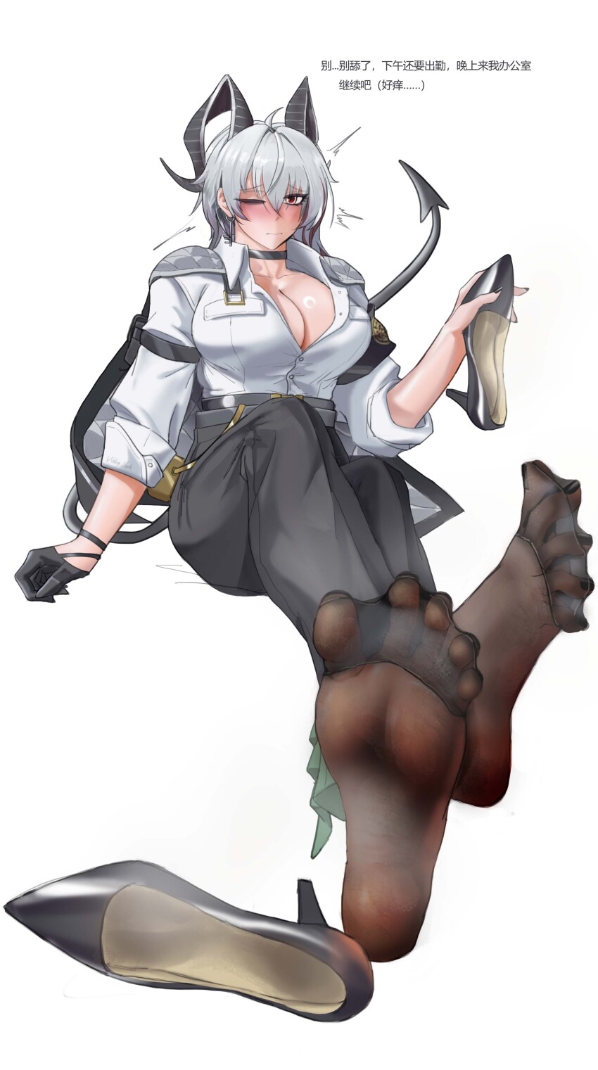 1girl, absurdres, blush, breasts, cleavage, demon_tail, feet, grey_hair