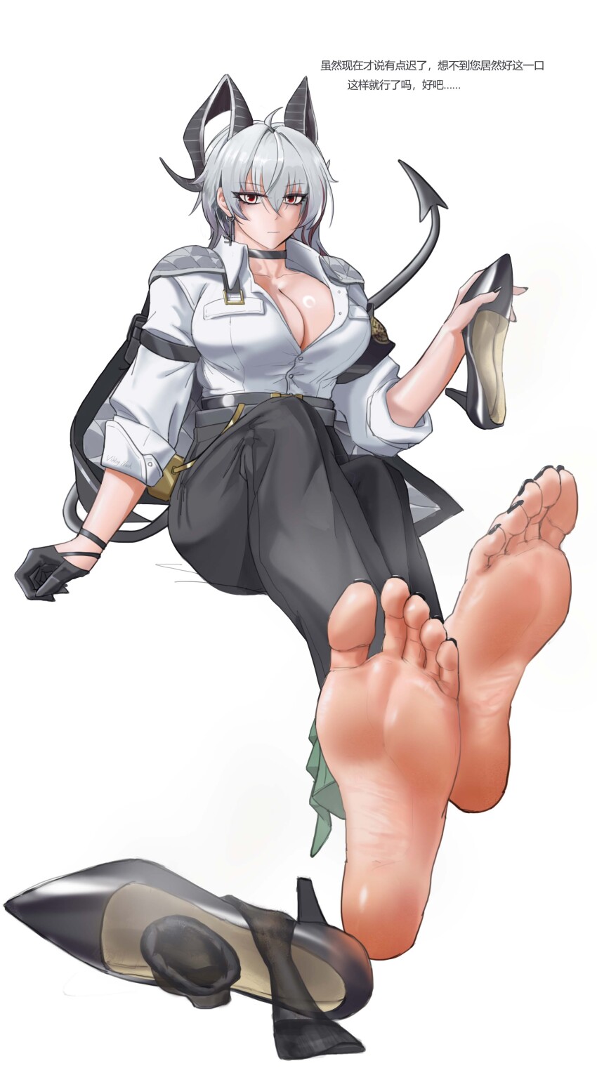 1girl, absurdres, barefoot, breasts, cleavage, demon_tail, feet, grey_hair
