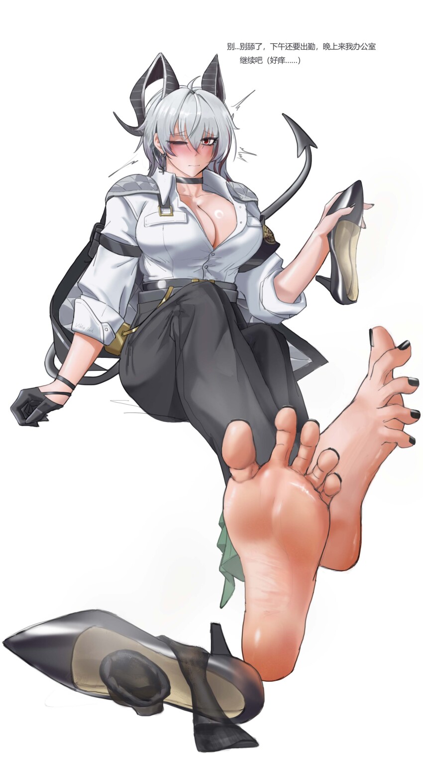 1girl, absurdres, barefoot, blush, breasts, cleavage, demon_tail, feet, grey_hair, highres, holding, holding_shoes, holding_unworn_clothes, horns, large_breasts, long_hair, looking_at_viewer, nail_polish, one_eye_closed, red_eyes, see-through_clothes, see-through_legwear, shoes, socks, soles, steam, tail, toenail_polish, toenails, toes, translated, unworn_shoes, unworn_socks, viking.nash, white_hair, wuthering_waves, zani_(wuthering_waves)