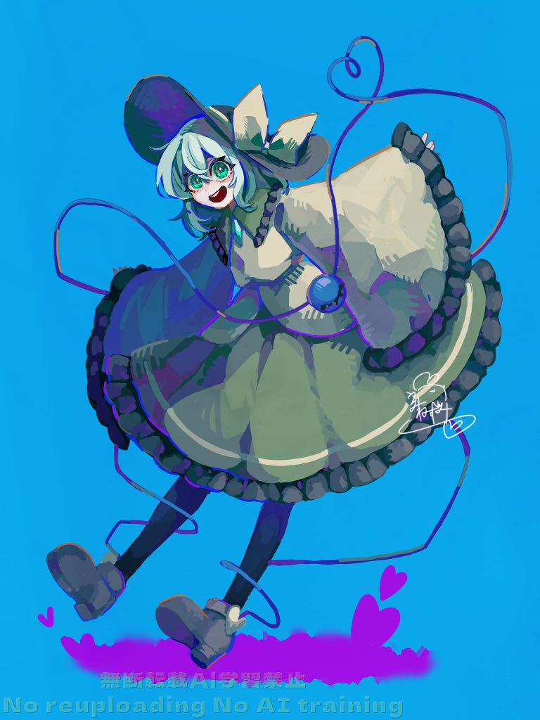 1girl, black_hat, blue_background, bow, frilled_skirt, frilled_sleeves, frills, full_body