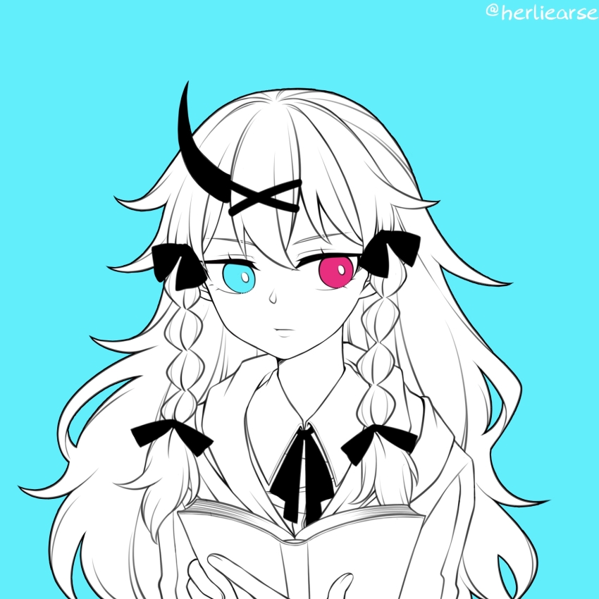 1girl, blue_background, blue_eyes, book, bow, braid, bright_pupils, closed_mouth