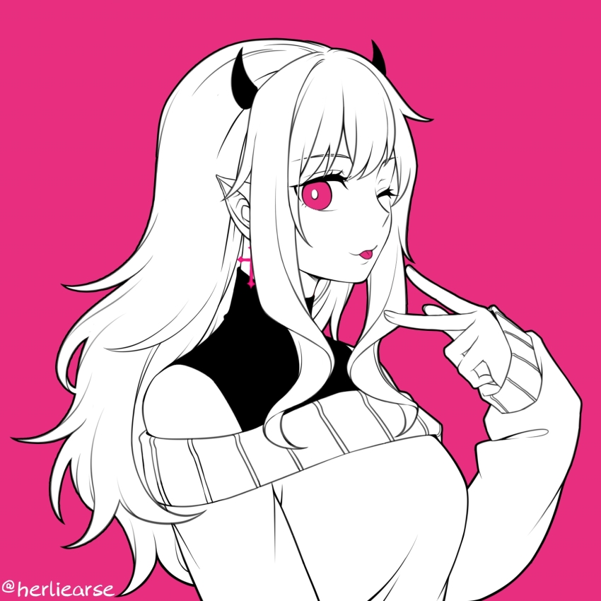 1girl, :3, artist_name, bare_shoulders, breasts, bright_pupils, closed_mouth, commentary_request, cross, cross_earrings, demon_horns, earrings, friday_night_funkin', hand_up, herliearse, highres, horns, humanization, inward_w, jewelry, large_breasts, long_hair, long_sleeves, looking_at_viewer, mid-fight_masses, off-shoulder_sweater, off_shoulder, one_eye_closed, pink_eyes, pink_hair, pointy_ears, puffy_long_sleeves, puffy_sleeves, sarvente_(mid-fight_masses), shirt, sidelocks, simple_background, sleeveless, sleeveless_turtleneck, sleeves_past_wrists, solo, sweater, tongue, tongue_out, turtleneck, turtleneck_shirt, upper_body, w