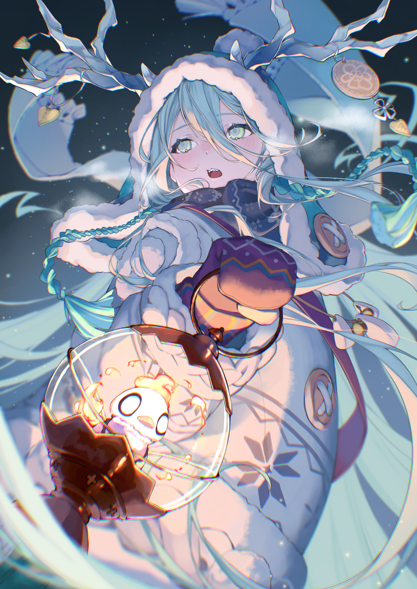 1girl, absurdres, antlers, aqua_eyes, aqua_hair, bird, braid, coat