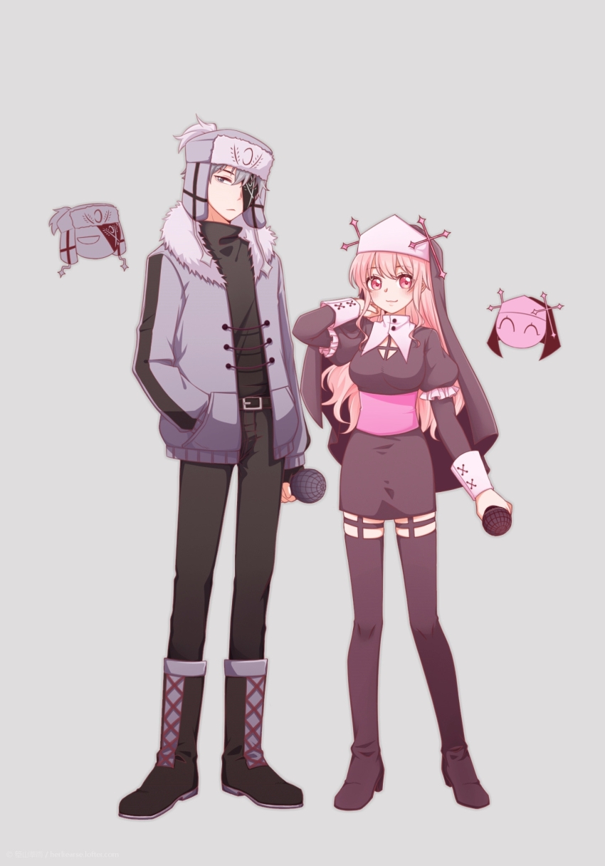 1boy, 1girl, :3, arm_at_side, belt, black_belt, black_footwear, black_gloves