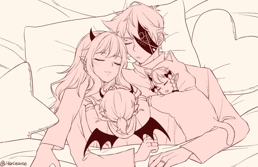 2boys, 2girls, :3, aged_down, animal_hood, arm_around_shoulder, artist_name, braid