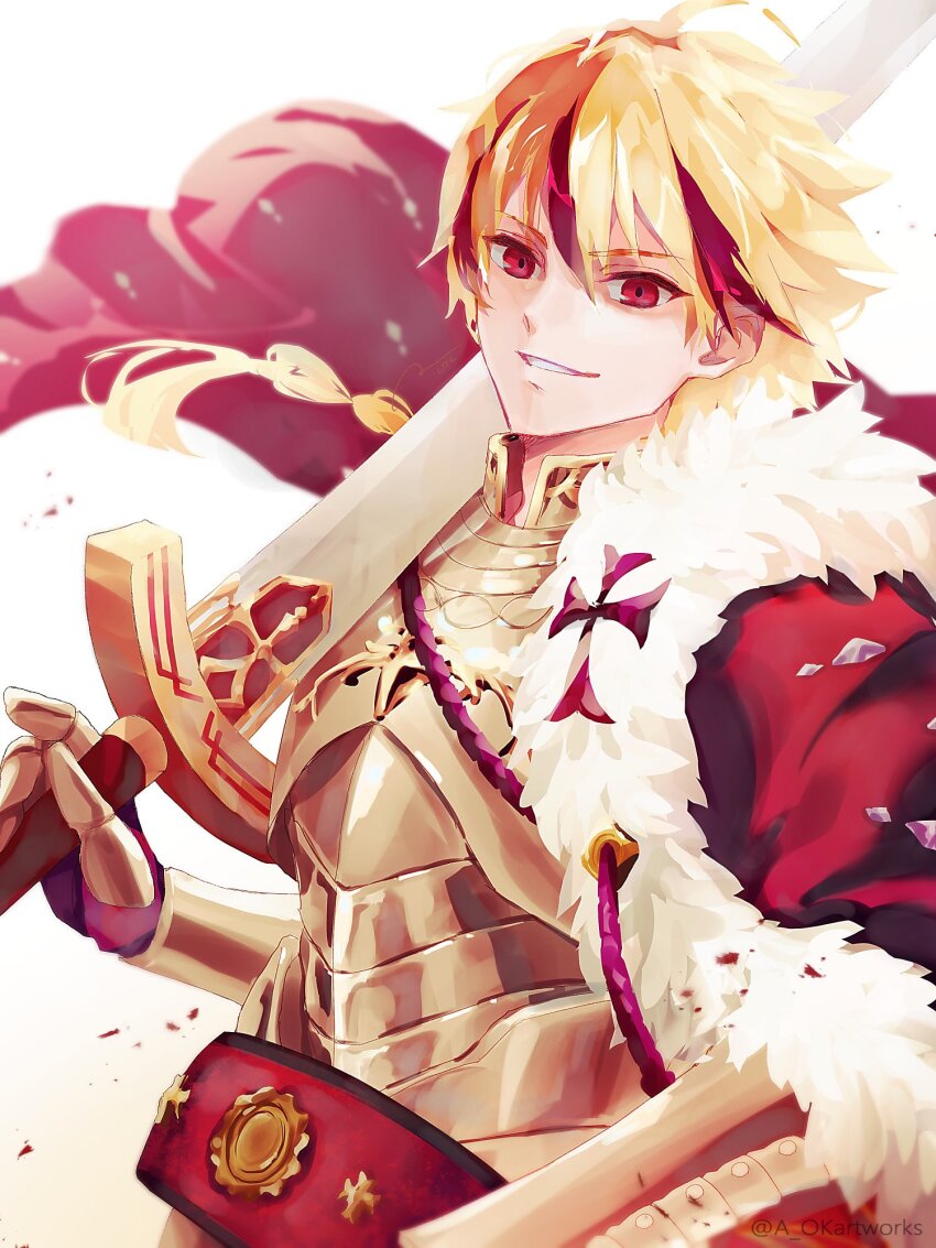 1boy, ahoge, aopix_001, armor, blonde_hair, braid, cape, fate/strange_fake