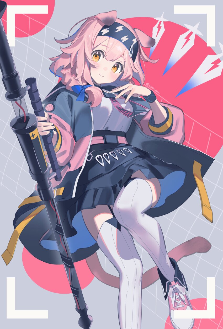 1girl, absurdres, animal_ears, arknights, black_hairband, black_skirt, blue_bow, blush