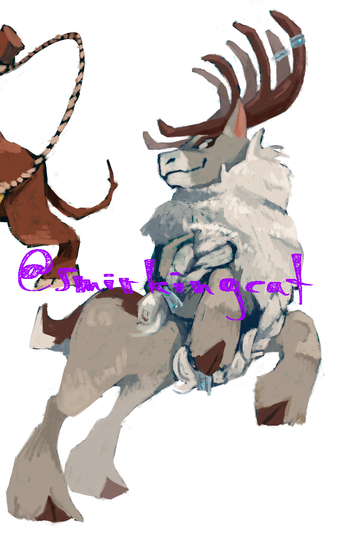 1boy, animal_ears, antlers, braid, closed_mouth, deer, deer_antlers, deer_ears, deer_tail, hooves, horns, male_focus, mixed-language_commentary, profile, smile, smirkingcat, stronghoof_(them's_fightin'_herds), tail, them's_fightin'_herds, twitter_username, white_background