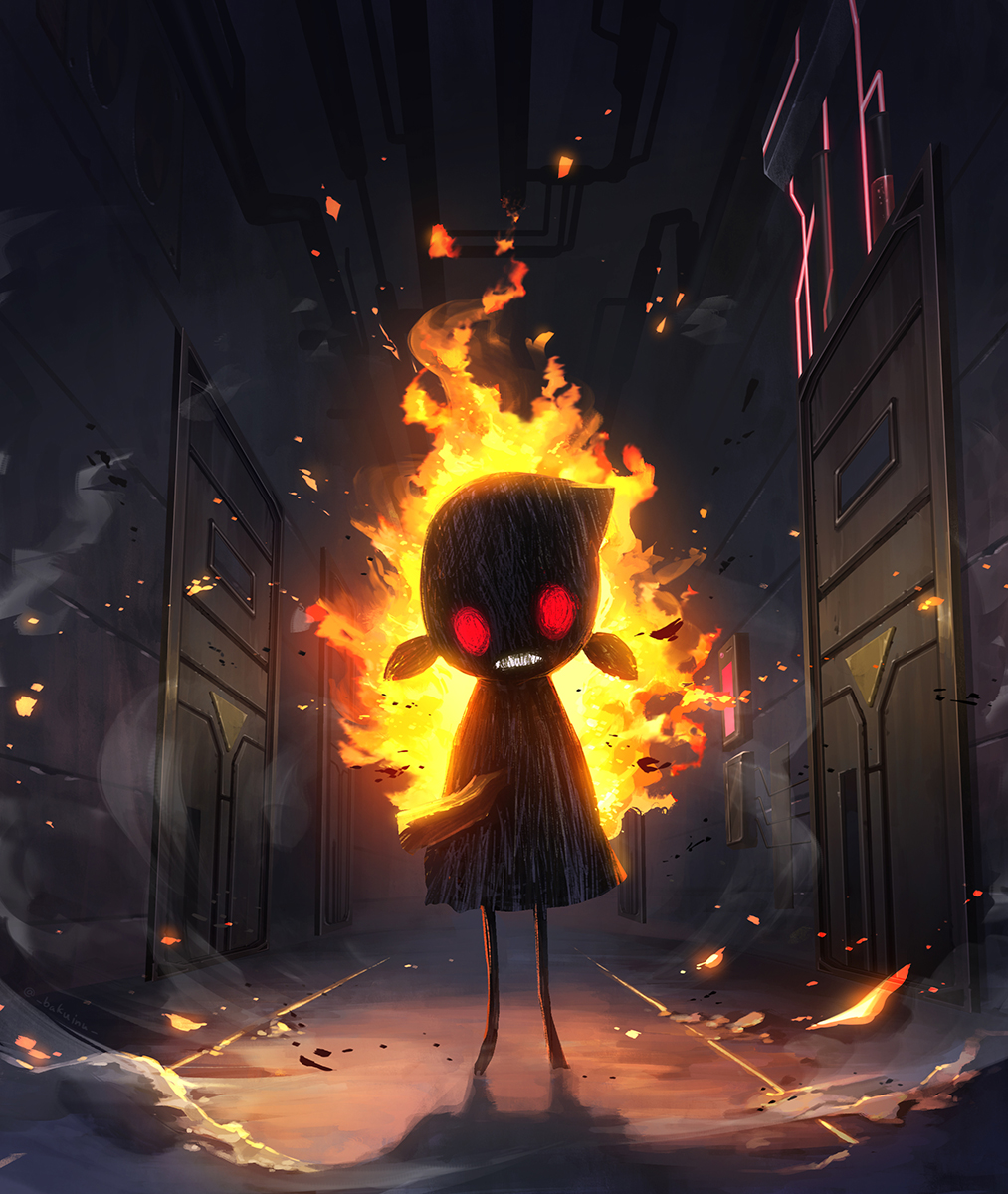 1girl, burnt, ceiling, commentary_request, door, dress, fire, full_body