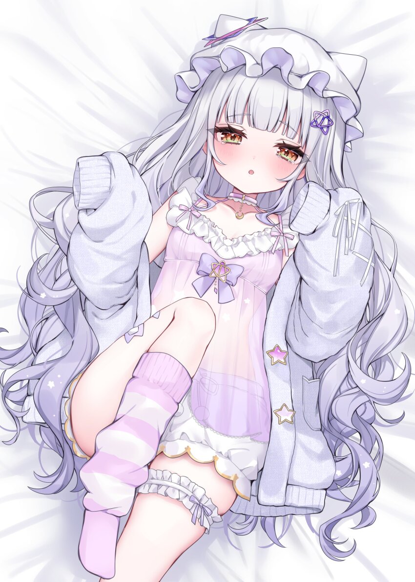 1girl, absurdres, animal_ear_headwear, animal_ears, bandaid_on_thigh, bed_sheet, blunt_bangs, blush