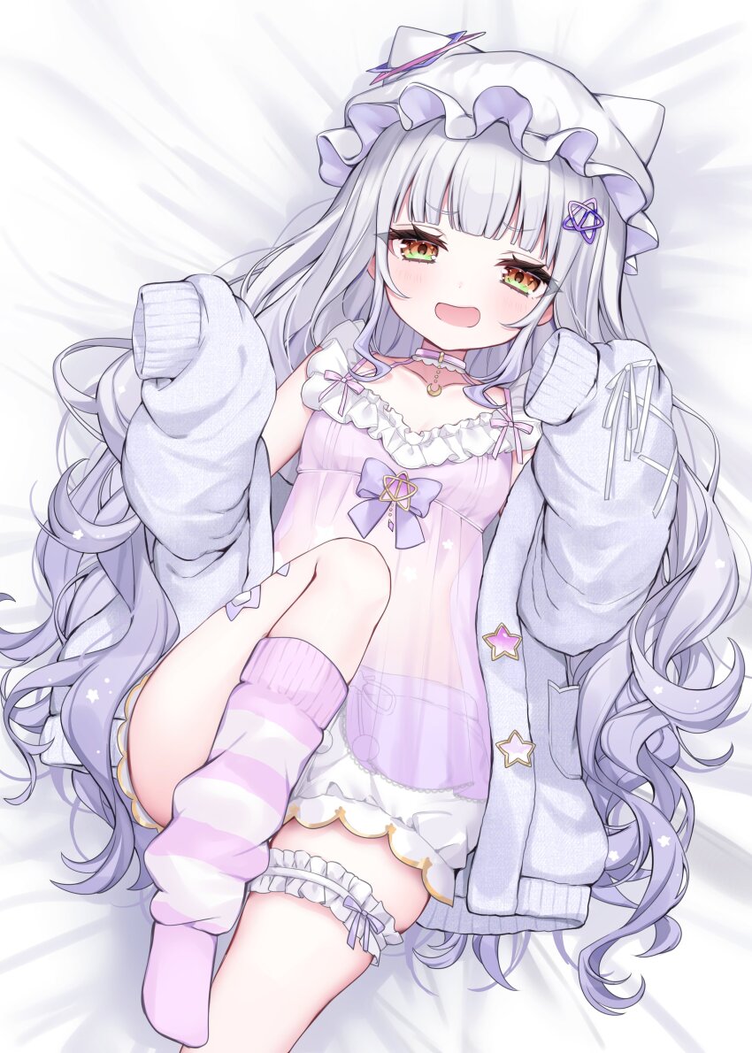 1girl, absurdres, animal_ear_headwear, animal_ears, bandaid_on_thigh, bed_sheet, blunt_bangs, breasts, cardigan, chest_bow, collarbone, commentary_request, crescent_pendant, cross-laced_clothes, cross-laced_sleeves, fake_animal_ears, frilled_negligee, frilled_thigh_strap, gradient_eyes, halterneck, highres, hololive, ineka_ka, leg_up, leg_warmers, light_blush, lingerie, loli, long_hair, looking_at_viewer, loose_socks, lying, multicolored_eyes, murasaki_shion, murasaki_shion_(loungewear), negligee, nightgown, official_alternate_costume, official_alternate_hairstyle, on_bed, open_cardigan, open_clothes, open_mouth, pendant_choker, purple_cardigan, see-through_clothes, see-through_nightgown, short_shorts, shorts, sleepwear, sleeves_past_fingers, sleeves_past_wrists, small_breasts, socks, solo, striped_leg_warmers, thigh_strap, underwear, virtual_youtuber, wavy_hair, wavy_mouth, white_headdress