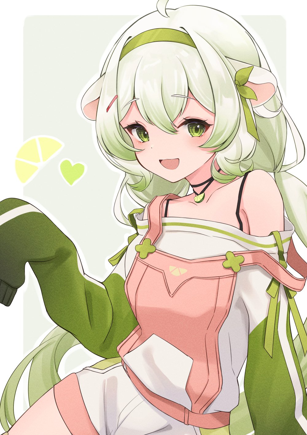 ahoge, animal_ears, bare_shoulders, border, bra_strap, chabo_(x_xhauntedx_x), ferret, ferret_ears, food, fruit, gradient_hair, green_background, green_eyes, green_hair, green_sweater, hairband, highres, indie_virtual_youtuber, jewelry, limealicious, limealicious_(cozy), lime_(fruit), lime_slice, looking_at_viewer, looking_to_the_side, multicolored_hair, multicolored_sweater, necklace, overalls, pink_overalls, ribbon, simple_background, sitting, sleeves_past_fingers, sleeves_past_wrists, sweater, thighhighs, two-tone_hair, vinesauce, virtual_youtuber, white_hair, white_sweater, zettai_ryouiki