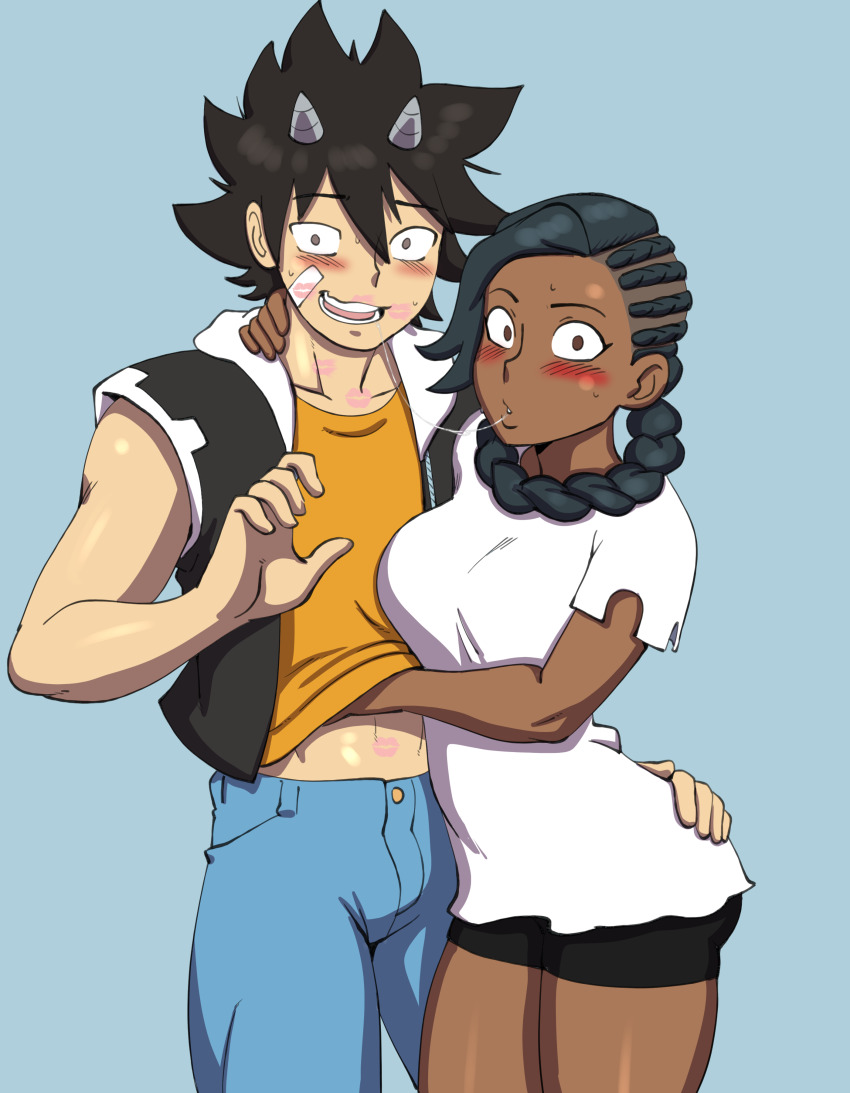 absurdres, black_hair, blush, braid, caught, couple, dark-skinned_female, dark_skin, drooling, hand_under_clothes, highres, horns, interracial, interrupted, kiss, ocoho_(radiant), radiant, seth_(radiant), spandex, spiked_hair