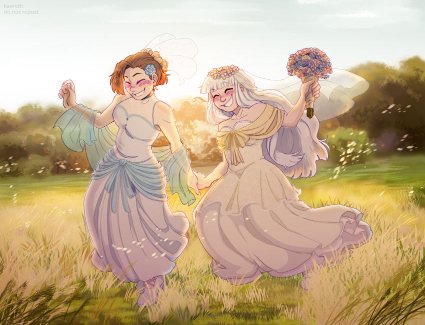 2girls, aqua_shawl, aqua_trim, artist_name, blue_flower, blurry, blurry_background, blush