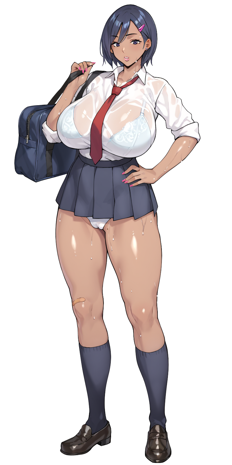 1girl, bag, bandaid, bandaid_on_knee, bandaid_on_leg, black_shoes, blue_bag, blue_bra