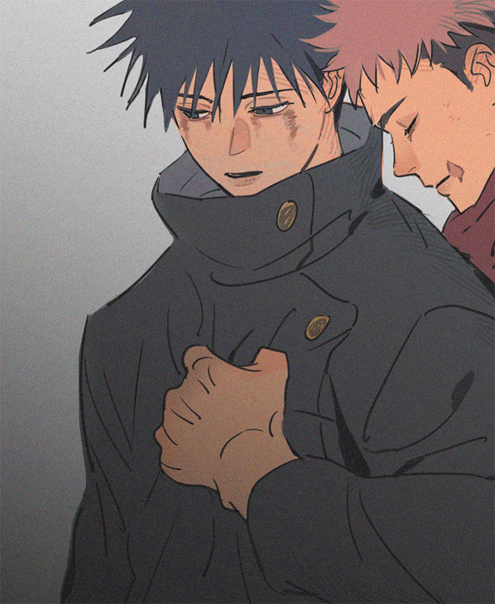 2boys, arm_up, black_hair, black_jacket, bruise, bruise_on_face, buttons, closed_eyes