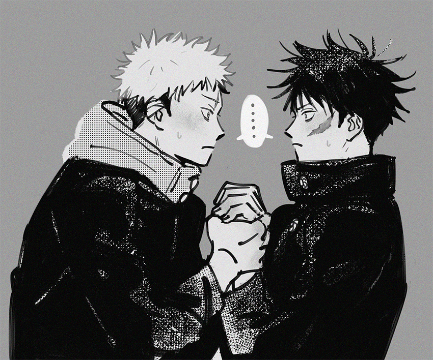 ..., 2boys, arms_up, closed_mouth, collared_jacket, commentary_request, ei_(k_m_d_r), eye_contact, face-to-face, facial_scar, frown, fushiguro_megumi, grey_background, greyscale, holding_hands, hood, hood_down, hoodie, itadori_yuji, jacket, jujutsu_kaisen, long_sleeves, looking_at_another, male_focus, messy_hair, monochrome, multicolored_hair, multiple_boys, nervous_sweating, popped_collar, profile, scar, scar_on_cheek, scar_on_face, shared_speech_bubble, short_hair, sideburns, simple_background, small_sweatdrop, speech_bubble, spoken_ellipsis, sweat, two-tone_hair, yaoi