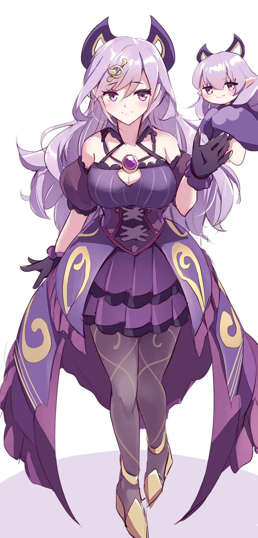 2girls, absurdres, black_gloves, breasts, cleavage, dress, duel_monster, fairy, full_body, gloves, highres, kanzakietc, large_breasts, long_hair, looking_at_viewer, multiple_girls, purple_dress, purple_eyes, purple_hair, sleeveless, sleeveless_dress, smile, solo_focus, solsolfachord_gracia, standing, white_background, yu-gi-oh!