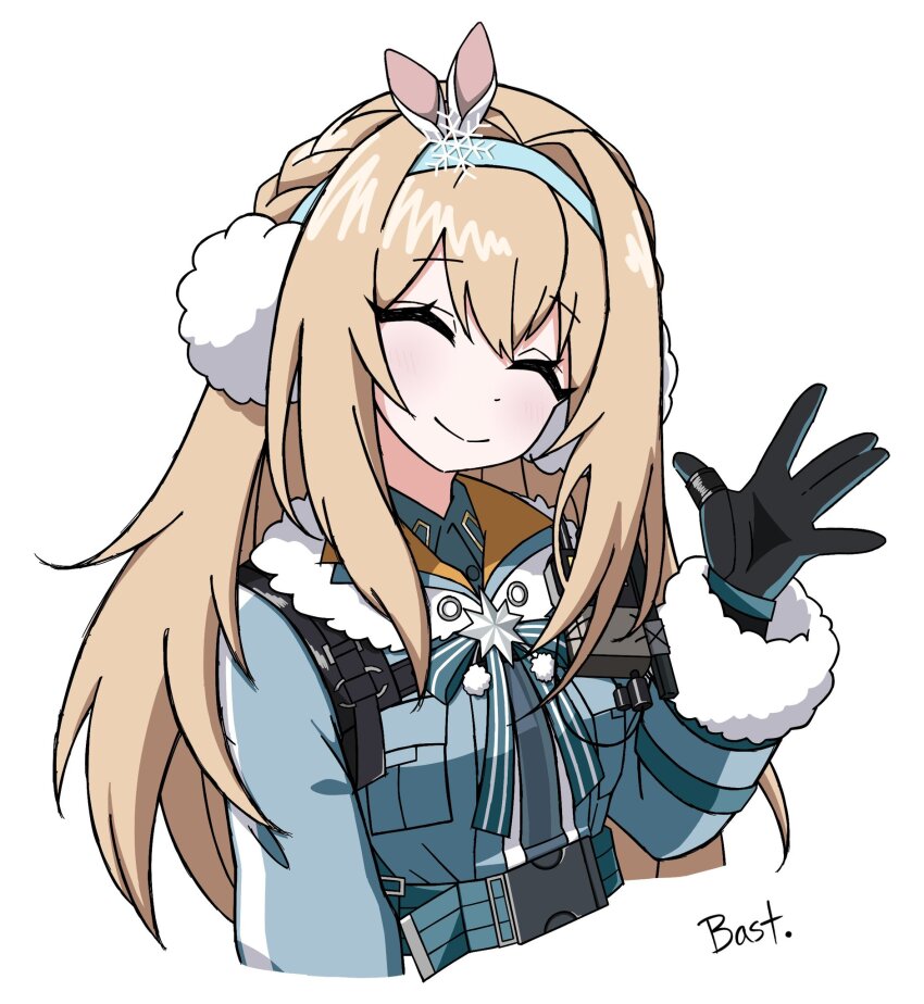 animal_ear_hairband, animal_ears, bastetris, blonde_hair, blue_shirt, blush, closed_eyes, closed_mouth