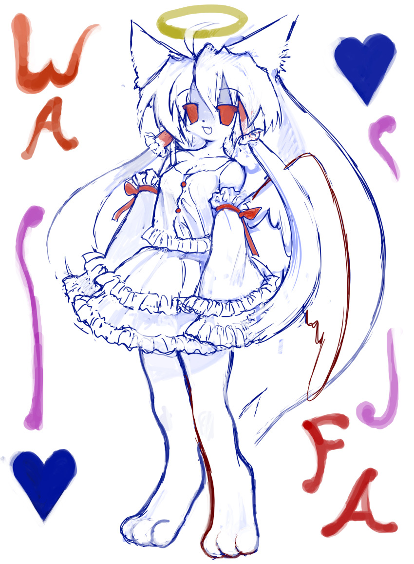1girl, 2000s_(style), ahoge, angel, angel_wings, animal_feet, breasts, cat, cleavage, detached_sleeves, dress, fang, frilled_dress, frills, furry, halo, highres, lolita_fashion, open_mouth, rabbitmaiden_softworks, red_eyes, rgb_paw, smile, waterfairy, white_hair, wings, yogurt200