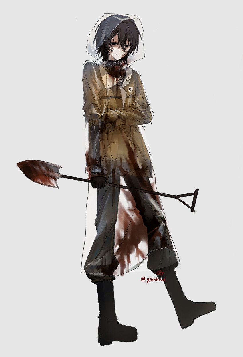 absurdres, black_boots, black_eyes, black_gloves, black_hair, black_pants, black_shirt, blood