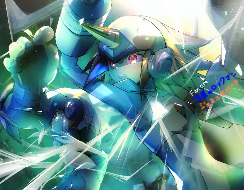 2boys, black_bodysuit, bodysuit, brown_hair, gemini_(mega_man_star_force), hanemina, highres, horns