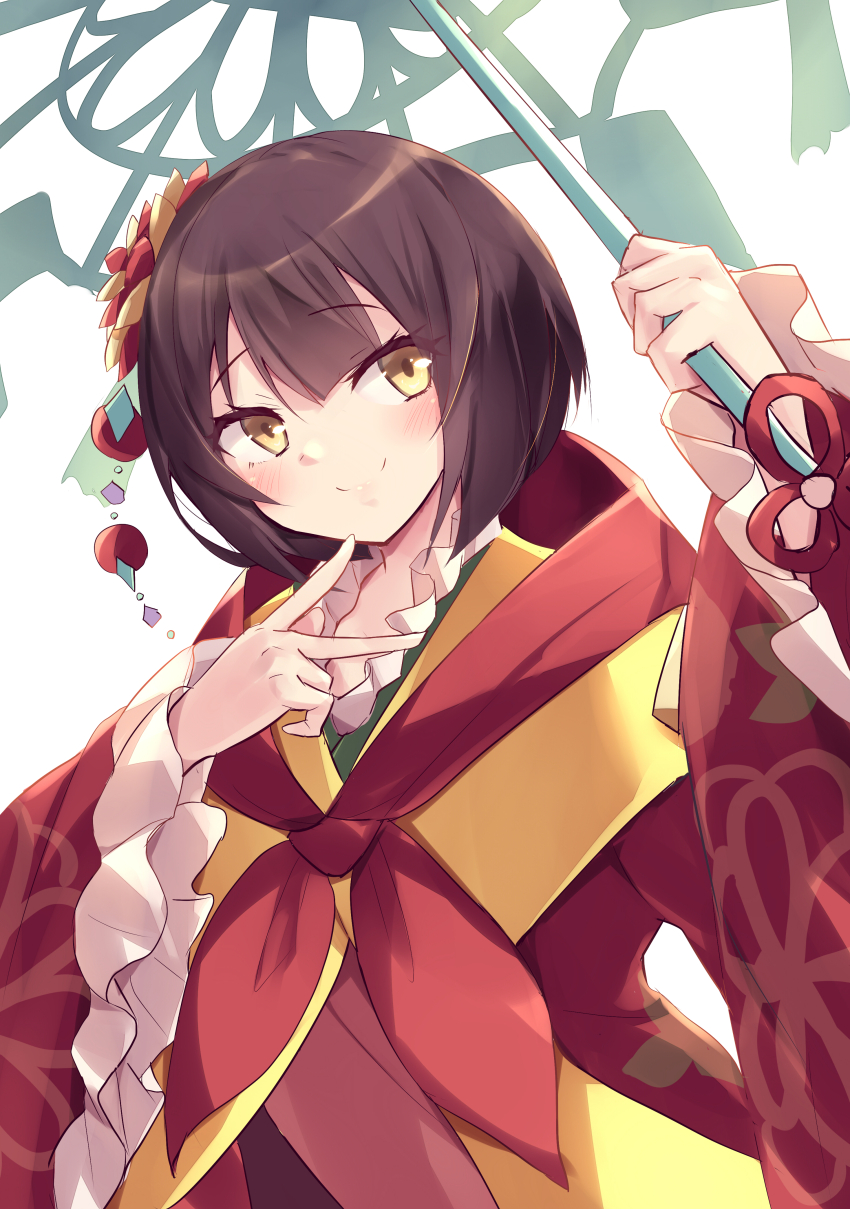 1girl, absurdres, brown_hair, duel_monster, hair_ornament, highres, holding, holding_umbrella