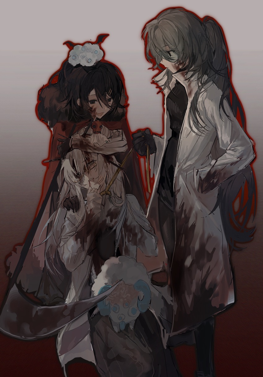 3girls, absurdres, bai_ling_(touqi_guaitan), black_dress, black_eyes, black_hair, black_pantyhose, blood, blood_on_clothes, blood_on_face, bloody_weapon, breasts, cape, chinese_commentary, closed_mouth, commentary_request, dress, freckles, fur-trimmed_cape, fur_trim, genderswap, genderswap_(mtf), glasses, gradient_background, grey_hair, hair_between_eyes, hair_ornament, hairclip, hand_in_pocket, highres, holding, holding_scythe, hongshaoyuyuyuyu, lab_coat, liu_qingcheng, long_hair, multiple_girls, official_alternate_costume, open_clothes, open_mouth, outline, pantyhose, ponytail, rectangular_eyewear, red_cape, red_outline, ribbed_dress, scythe, semi-rimless_eyewear, shi_zhaoying, short_hair, small_breasts, smile, strangling, touqi_guaitan, weapon, white_hair, yellow-framed_eyewear