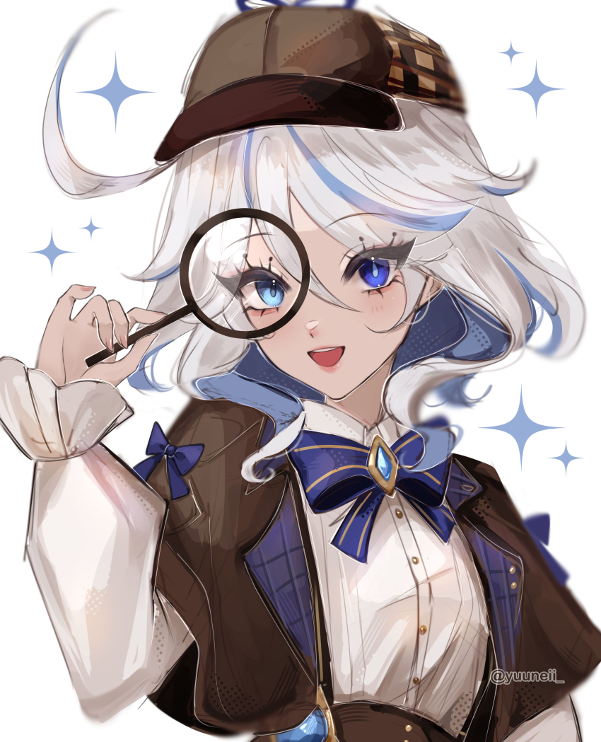 1girl, :d, absurdres, ahoge, blue_bow, blue_bowtie, blue_eyes, blue_hair