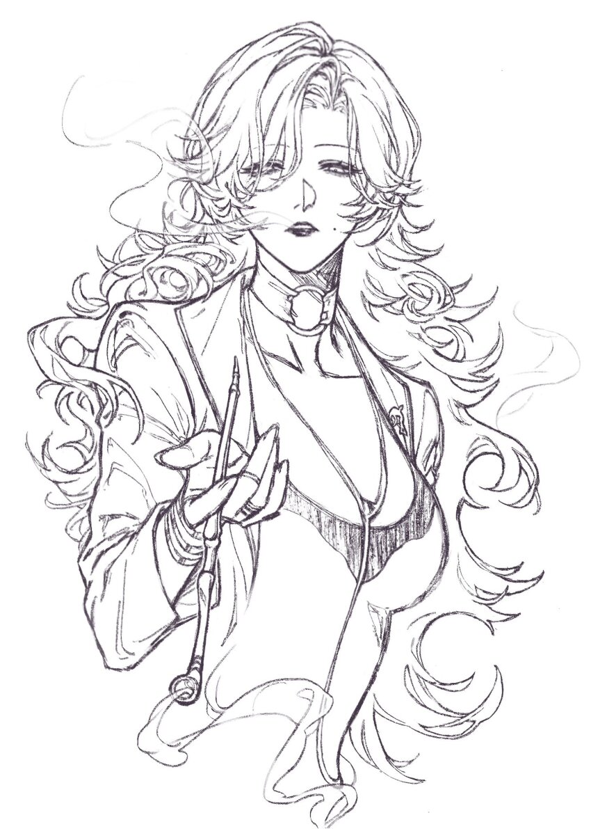 1girl, blowing_smoke, breasts, choker, claireomills, commentary_request, cropped_torso, curly_hair, curtained_hair, french_commentary, greyscale, hair_over_one_eye, highres, holding, holding_smoking_pipe, jacket, lapel_pin, large_breasts, long_hair, looking_at_viewer, mole, mole_on_cheek, monochrome, o-ring, o-ring_choker, open_clothes, open_jacket, path_to_nowhere, simple_background, smoke, smoke_trail, smoking, smoking_pipe, solo, straight-on, vautour_bleu_(path_to_nowhere)