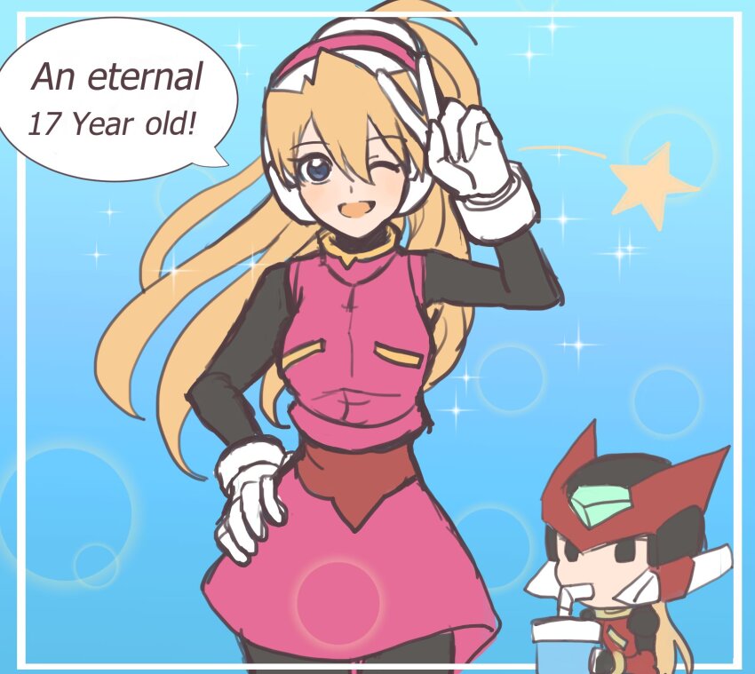 1boy, 1girl, black_bodysuit, blonde_hair, blue_eyes, bodysuit, chibi, ciel_(mega_man)