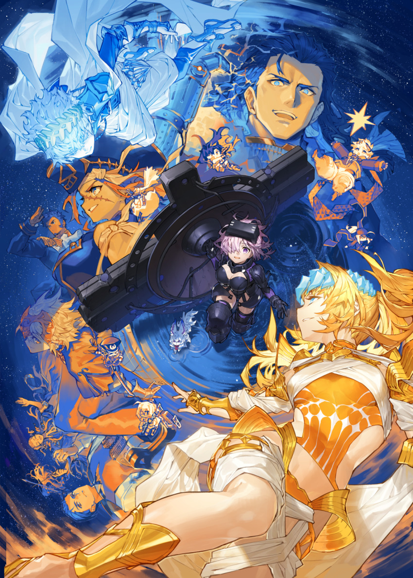 >_<, 6+boys, 6+girls, ahoge, altera_(fate), altera_the_santa_(fate), arm_strap, arm_up