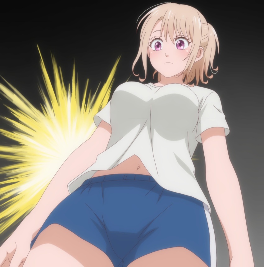 1girl, anime_screenshot, blue_shorts, breasts, highres, kawai_mona, kuroiwa_medaka_ni_watashi_no_kawaii_ga_tsuujinai, large_breasts