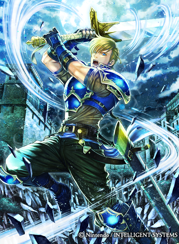 1boy, armor, blonde_hair, blue_armor, blue_eyes, chulainn_(fire_emblem), commentary_request, company_name