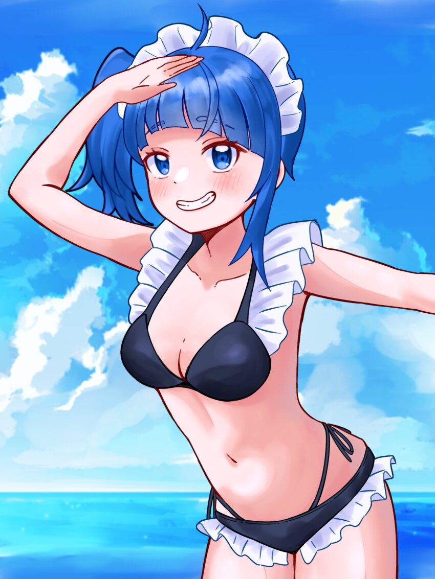 1girl, absurdres, arm_out_of_frame, arm_up, bikini, black_bikini, blue_eyes, blue_hair