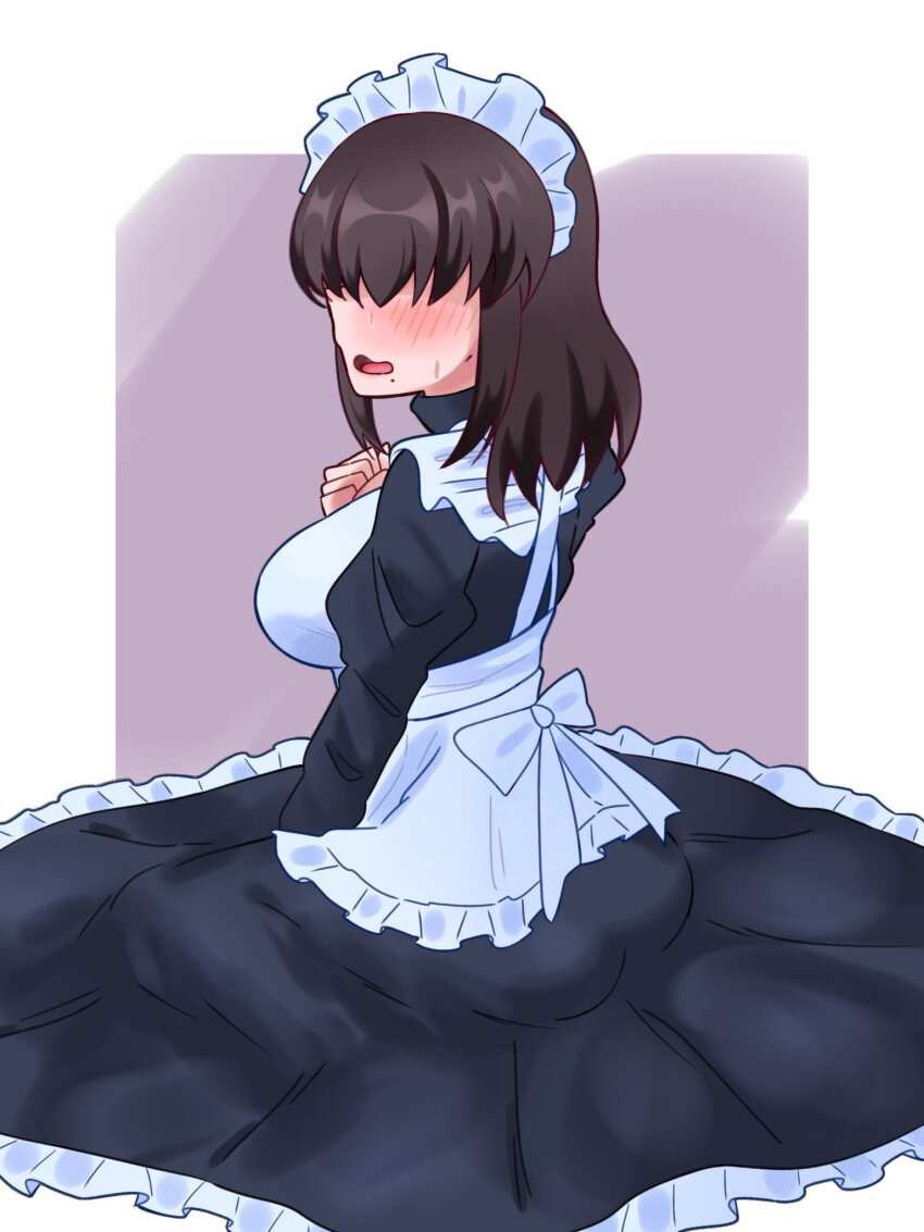 1girl, alternate_costume, ass, black_dress, black_hair, blush, breasts, brown_hair, dress, enmaided, female_focus, grey_background, hair_over_eyes, hand_up, highres, kakure_meme, kimi_no_koto_ga_dai_dai_dai_dai_daisuki_na_100-nin_no_kanojo, large_breasts, long_sleeves, looking_back, maid, maid_headdress, maid_tiger, mole, mole_under_mouth, sitting, solo, sweat