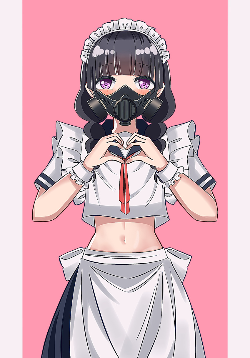 1girl, apron, black_hair, braid, gas_mask, heart, heart_hands, highres