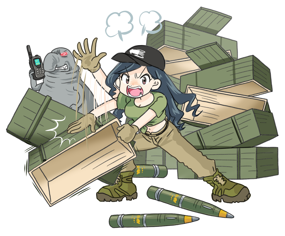 1girl, :d, ammunition, angry, artillery_shell, belt, belt_buckle, black_hat, blue_hair, blush, boots, breasts, brown_eyes, brown_gloves, brown_pants, buckle, cleavage, clenched_hand, combat_boots, crate, creature, crop_top, curly_hair, furrowed_brow, gloves, green_footwear, green_shirt, hat, holding, holding_crate, holding_walkie-talkie, homunculus_loxodontus, japanon, kraken_(japanon), kraken_regiment, leaning_to_the_side, long_hair, medium_breasts, midriff, military, military_uniform, missile, navel, nose_blush, open_mouth, original, pants, russo-ukrainian_war, shirt, short_sleeves, shouting, slapping, smile, soldier, squid, steam, teeth, tied_shirt, tongue, very_long_hair, walkie-talkie, white_background