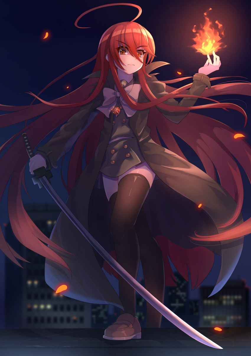 >:(, 1girl, absurdres, ahoge, alastor_(shakugan_no_shana), black_thighhighs, blurry, blurry_background