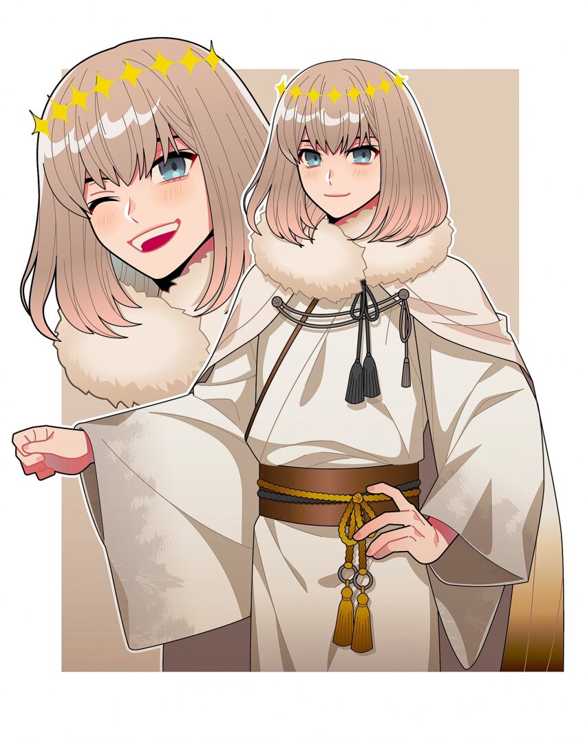 1boy, blonde_hair, blue_eyes, border, brown_background, brown_sash, cloak, closed_mouth