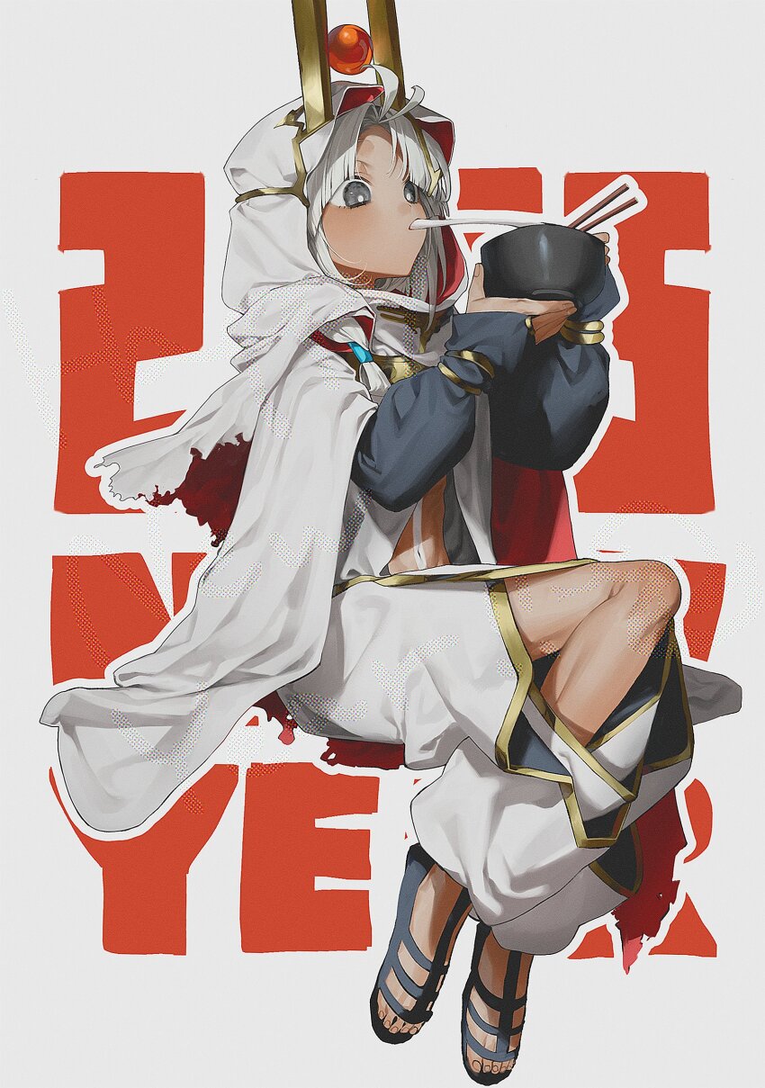 1boy, absurdres, ahoge, chopsticks, cloak, dark-skinned_male, dark_skin, eating, fate/grand_order, fate_(series), food, grey_eyes, grey_hair, happy_new_year, highres, holding, holding_chopsticks, hood, hooded_cloak, kenne_28, male_focus, mochi, navel, new_year, sandals, tutankhamun_(fate)