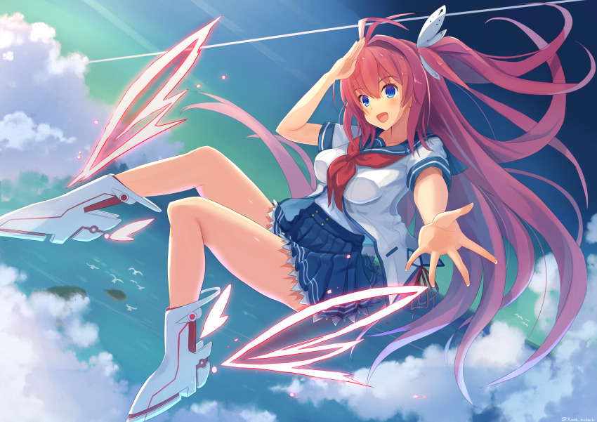 1girl, :d, absurdres, ankle_wings, antenna_hair, ao_no_kanata_no_four_rhythm, bird, blue_eyes